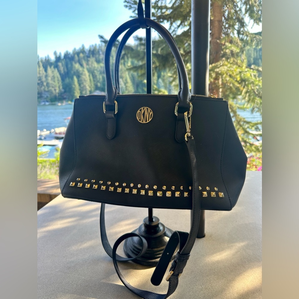 DKNY Donna Karan Studded Navy Saffiano Vegan Leather Satchel Shoulder Bag Tote